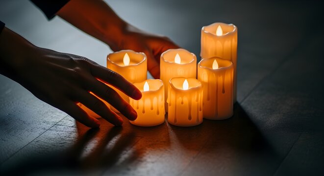 Hands arranging glowing candles in preparation for a cozy and serene new year celebration at home