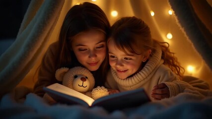 A mother and her little daughter snuggled inside a blanket fort, reading a bedtime story by the soft glow of fairy lights. concept of storytelling, family, bonding.
- Powered by Adobe