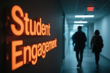 Student engagement sign with people walking in a hallway with an exit sign overhead