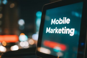 Tablet displaying mobile marketing text with blurred city lights in the background at night time