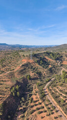 Aerial view of Mediterranean hills covered with olive groves and pine trees under a clear blue sky. The terraced slopes and winding rural road show the beauty of Spanish countryside near Valencia.