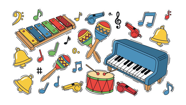 Musical Instruments Collection: A vibrant assortment of musical instruments, each ready to fill the air with melody, arranged in a lively and colorful display.