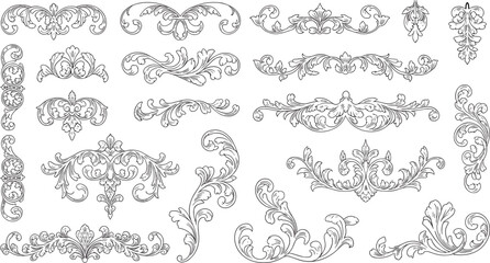 Collection of ornate vintage baroque floral elements and decorative borders in elegant line art style for classic design projects
