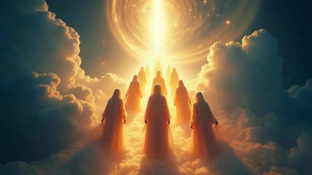 A surreal image of true believers rising towards paradise, their bodies wrapped in glowing, translucent robes. journey from earthly trials to divine reward. 