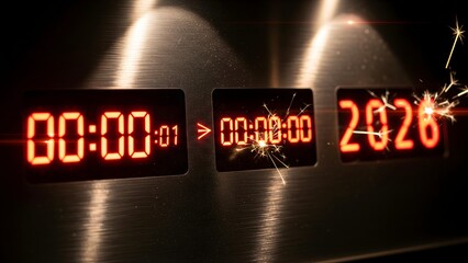 A dramatic countdown clock strikes midnight, revealing 2026 with glowing digits, capturing anticipation and the iconic New Year moment.