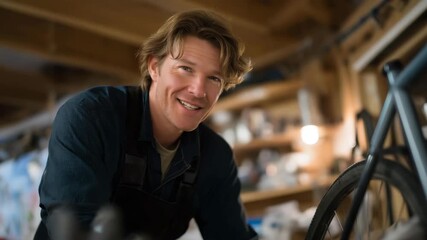 Veteran repairing bicycles for local children at a small community workshop — concept of compassion, craftsmanship, volunteer spirit, and veterans finding new purpose by helping others through