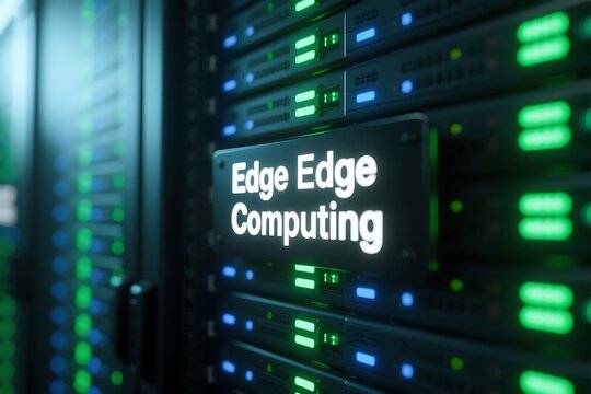 Close up of servers displaying edge edge computing with green and blue lights on the equipment