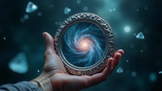 Hand holding ornate silver mirror showing glowing galaxy with orange core surrounded by blue cosmic particles sparkling dust mystical space atmosphere