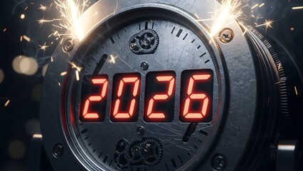 A dramatic countdown clock strikes midnight, revealing 2026 with glowing digits, capturing anticipation and the iconic New Year moment.