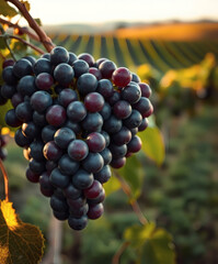 Bunch of ripe grapes hanging in a beautiful vineyard during sunset in late summer