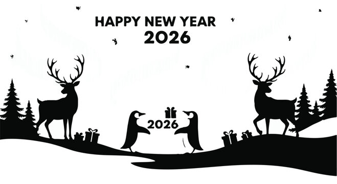 Whimsical New Year's Eve celebration with playful penguins and majestic reindeer under a starry sky.