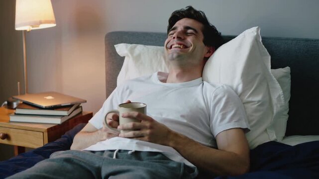 Enjoying a peaceful morning in bed with a warm drink and a smile, soaking in the comfort of home on a cozy day