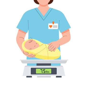 Nurse measuring newborn baby's weight on scale in hospital  