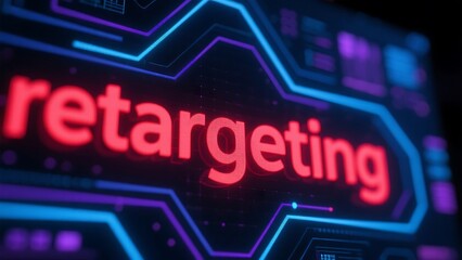 Retargeting displayed in red text with blue and purple neon geometric shapes around the text