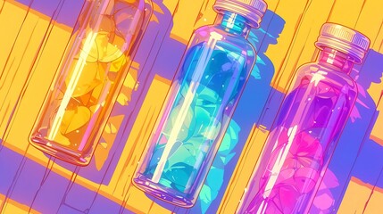 Colorful water bottles on a bright wooden surface, vibrant hues in sunlight, perfect for hydration promotion or summer themes.