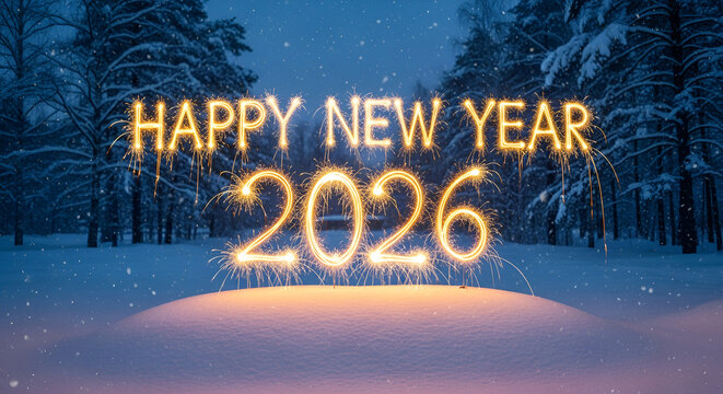 Happy New Year 2026 Sparkler Text: Dazzling Light Trails in Winter Wonderland Forest