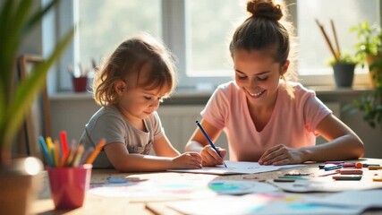 Mother and child engaged in a creative art project at a bright, airy studio. Scattered art supplies, colorful paints, and playful sketches fill the space
 - Powered by Adobe