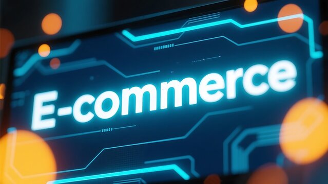 E commerce text in glowing white on a blue futuristic screen with orange bokeh lights in the foreground