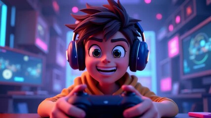 Young boy smiling looking at camera playing video game with controller and headset in neon lit gaming room with monitor plants and colorful lights excited gaming scene - Powered by Adobe