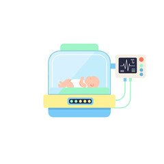 Fototapeta premium Newborn baby sleeping in incubator with monitoring equipment 