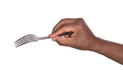 Hand holding a satainless steel fork isolated on white or transparent background	