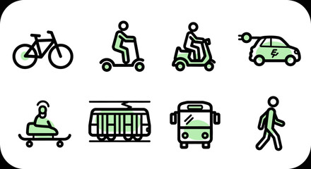 Modern green and black line art transportation icons set, featuring various eco-friendly urban mobility vehicles and walking.