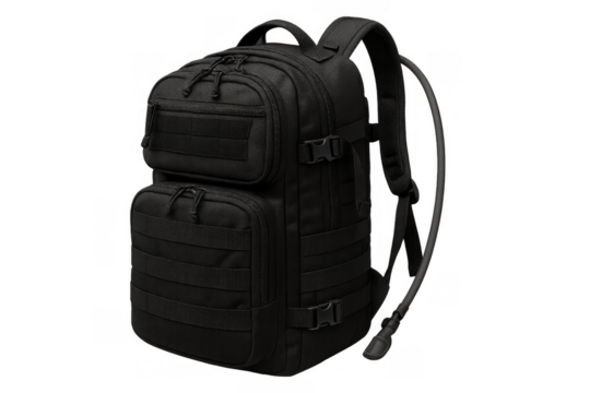 Black tactical backpack with hydration system hose for outdoor adventures, hiking, and travel, isolated on transparent background
