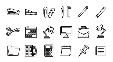 Modern minimalist black line art office supplies and business icons set, featuring various stationery items.