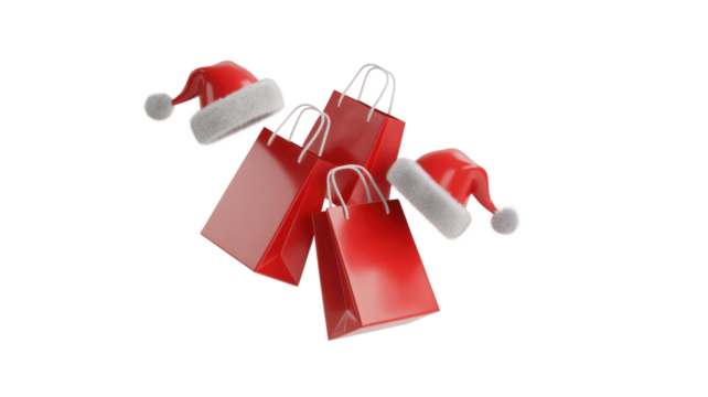 Festive red shopping bags adorned with santa hats symbolizing christmas holiday shopping and gift giving isolated on transparent background