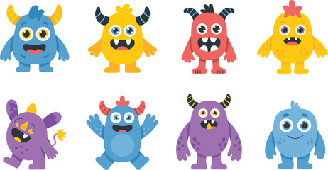 Naklejka premium Colorful cute cartoon monster characters collection with funny expressions, vector illustration of adorable fantasy creatures for kids design and decoration