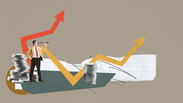Modern digital poster. Businessman observing two rising arrows while standing beside tall coin stacks. Concept of forecasting, financial navigation, strategic planning and emotional anticipation.