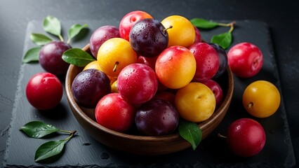 Bowl of colorful plums on a dark slate background.