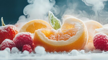 Frozen berries and citrus slices with swirling mist, creating a cold, delicate dessert presentation.