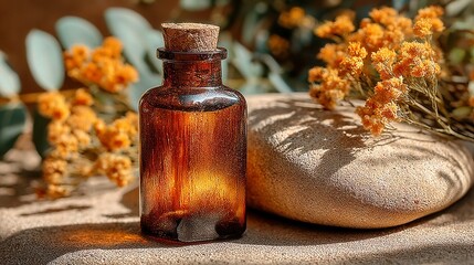 Amber glass bottle with essential oil, organic flowers in the background, calming and natural wellness theme, perfect for aromatherapy.