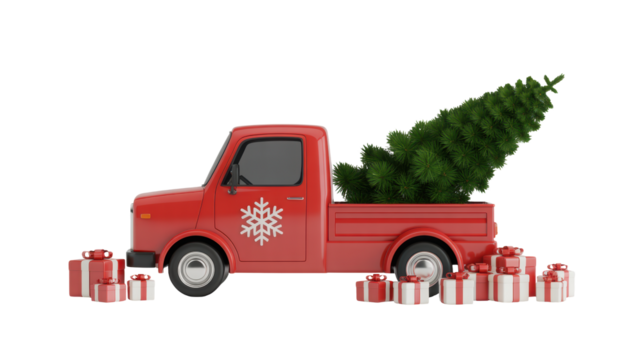 Festive red vintage pickup truck loaded with a green christmas tree and surrounded by gift boxes isolated on transparent background