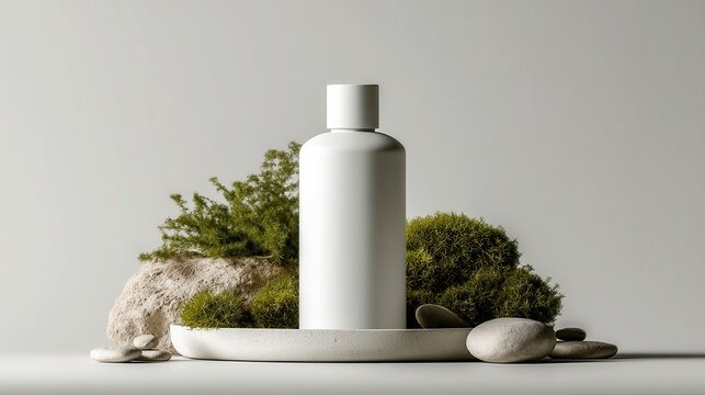 Minimalist skincare bottle, sleek white design on neutral backdrop with natural elements, ideal for eco-friendly branding.
