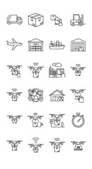 Fototapeta premium Logistics and delivery icon set in a thin line art style, featuring trucks, ships, warehouses, and package drones.