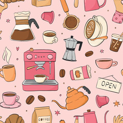 Coffee doodles seamless pattern on pink background for textile prints, wallpaper, banners, scrapbooking, wrapping paper, etc. EPS 10