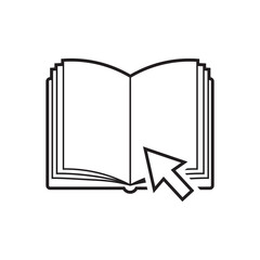 Internet education concept icon, e-learning resources and open book outline with cursor arrow integrated template