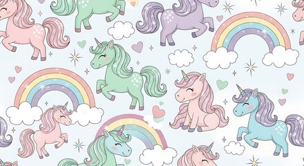 Whimsical Unicorn and Rainbow Pattern for Childrens Products.