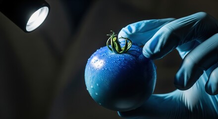 Close-Up of a Hand Holding a Fresh Blue Tomato under a Bright LED Light in Studio