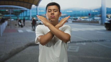 Hispanic man arms crossed x gesture at airport terminal curb wearing white t shirt standing outdoors; defiance refusal protest.