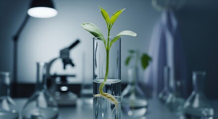 Young Plant in Laboratory Glassware with Scientific Equipment and Bright Background