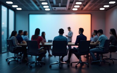 Long exposure shot of group of people in a meeting room, business concept. High quality