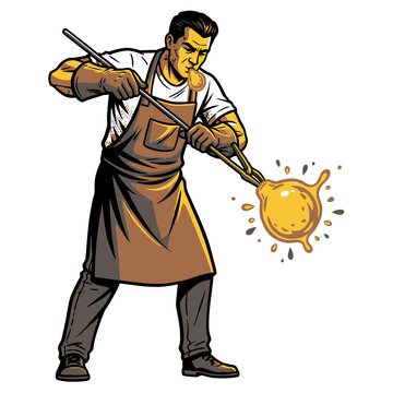 Vector Illustration of Glassblower Blowing Molten Glass, Artisan Man Shaping Hot Material with Blowpipe in Workshop