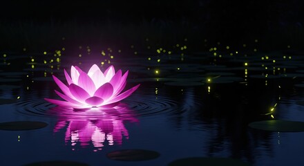 Enchanting Pink Lotus Flower Illuminated at Night on Calm Water Surface with Soft Glow