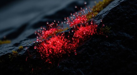 Vibrant Red Fungi with Dew Drops Glimmering on Rocky Surface in Dark Environment