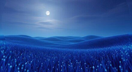 Serene Moonlit Landscape with Undulating Blue Hills and Twinkling Stars in Night Sky