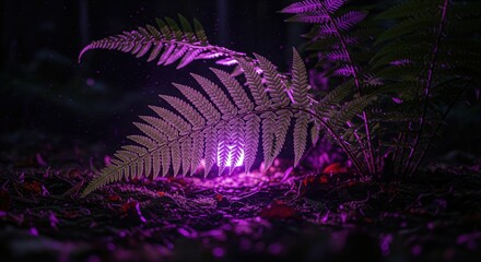 Magical Ferns Under Purple Light in Mysterious Forest Setting, Nature Photography