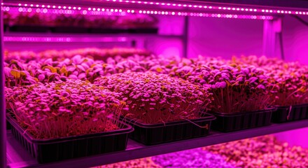 Indoor Gardening with Colorful Sprouts Under LED Grow Lights in a Hydroponic System